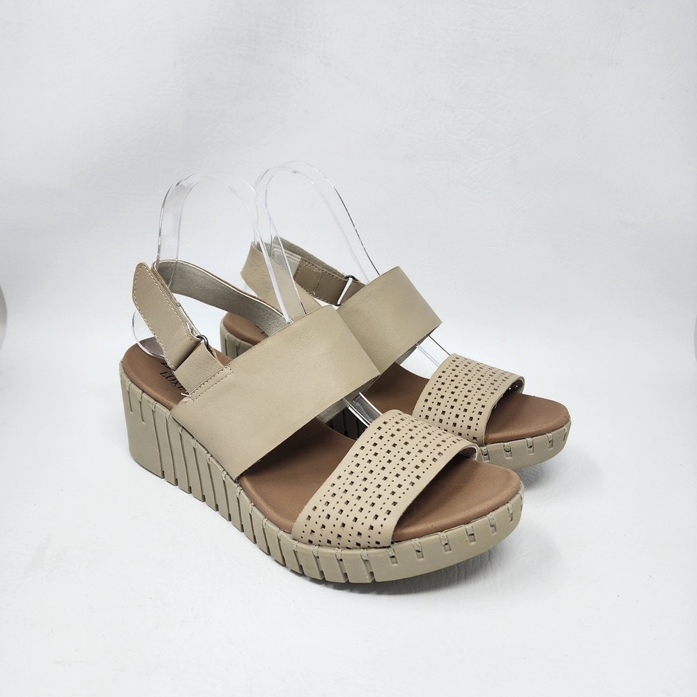 Skechers Luxe Foam Pier Ave Taupe Leather Wedge Slingback Sandals Size 9 Resort